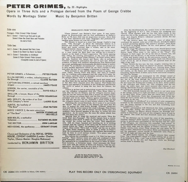 Benjamin Britten - Peter Grimes - Highlights (Vinyl, LP, Album, Stereo) Very Good Plus (VG+) / Very Good Plus (VG+)