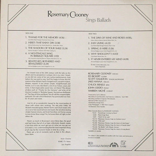 Rosemary Clooney - Rosemary Clooney Sings Ballads (Vinyl, LP, Album, Stereo) Very Good Plus (VG+) / Very Good Plus (VG+)