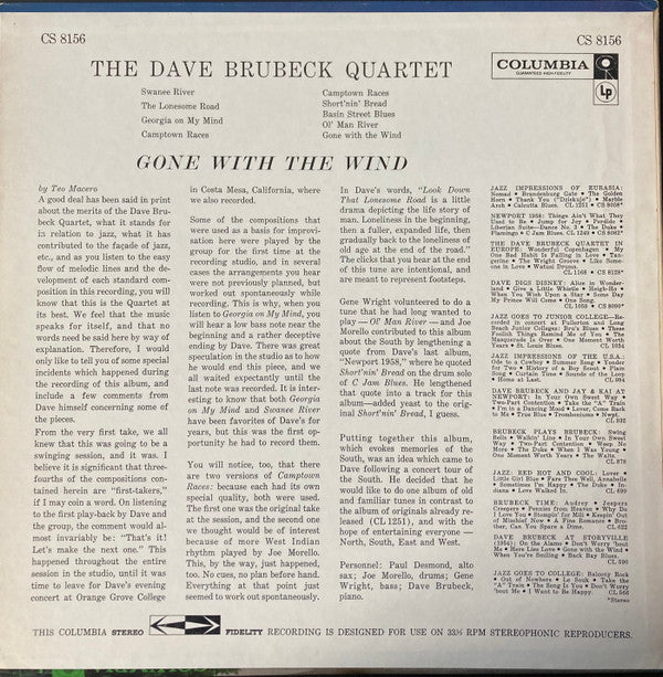 The Dave Brubeck Quartet - Gone With The Wind (Vinyl, LP, Album, Reissue, Stereo) Very Good Plus (VG+) / Very Good Plus (VG+)