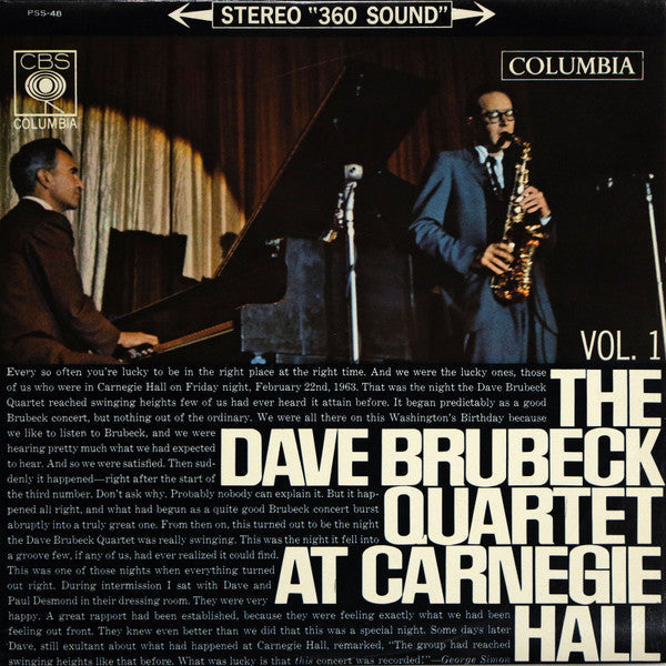 The Dave Brubeck Quartet - At Carnegie Hall (Vol. 1) (Vinyl, LP, Album, Stereo) Very Good (VG) / Very Good (VG)