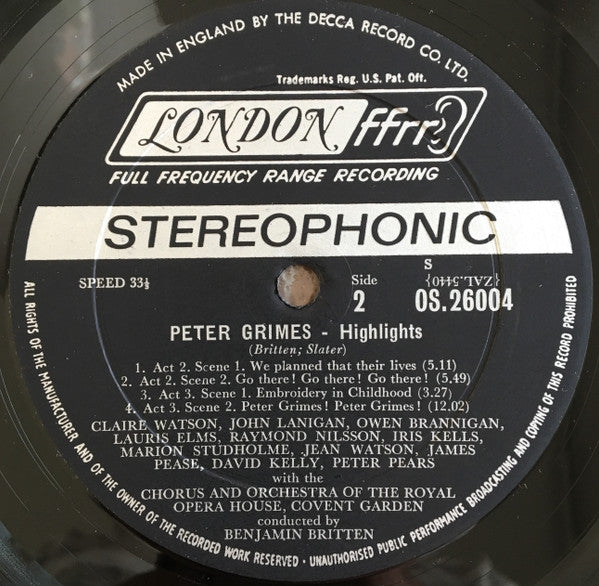 Benjamin Britten - Peter Grimes - Highlights (Vinyl, LP, Album, Stereo) Very Good Plus (VG+) / Very Good Plus (VG+)