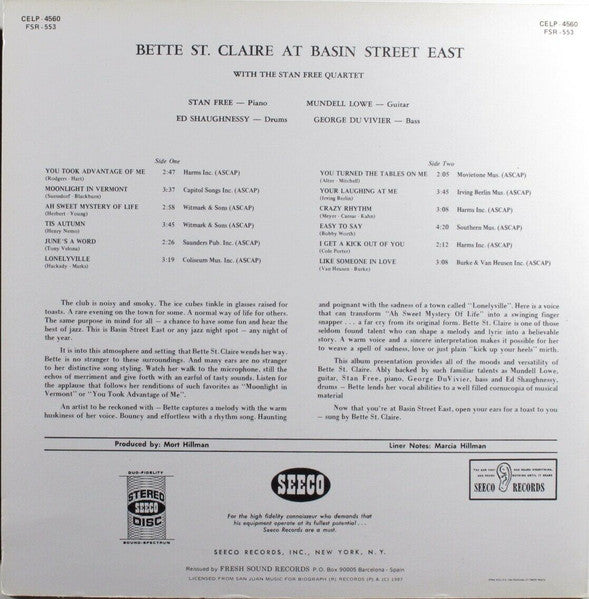 Betty St. Claire - At Basin Street East (Vinyl, LP, Album, Reissue, Stereo) Very Good Plus (VG+) / Near Mint (NM or M-)