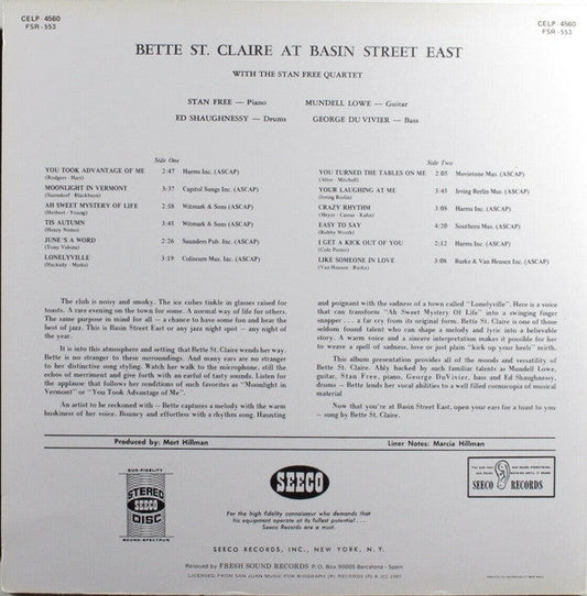 Betty St. Claire - At Basin Street East (Vinyl, LP, Album, Reissue, Stereo) Very Good Plus (VG+) / Near Mint (NM or M-)