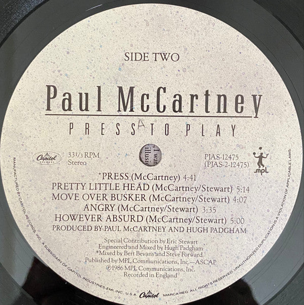 Paul McCartney - Press To Play (Vinyl, LP, Album, Stereo) Very Good (VG) / Very Good Plus (VG+)
