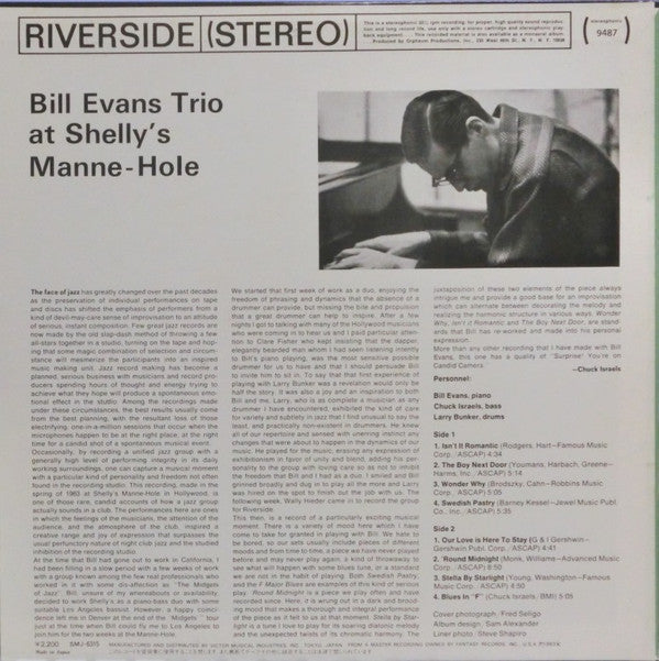 The Bill Evans Trio - At Shelly's Manne-Hole, Hollywood, California (Vinyl, LP, Album, Reissue, Stereo) Very Good Plus (VG+) / Very Good Plus (VG+)