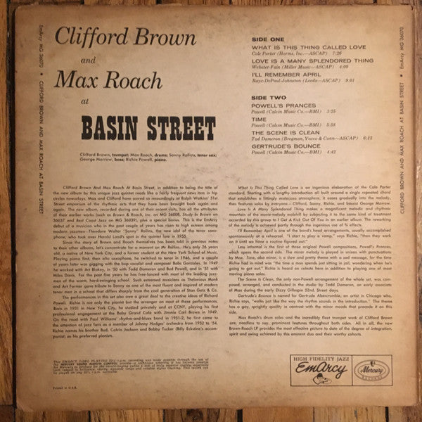 Clifford Brown And Max Roach - At Basin Street (Vinyl, LP, Album) Very Good (VG) / Very Good Plus (VG+)