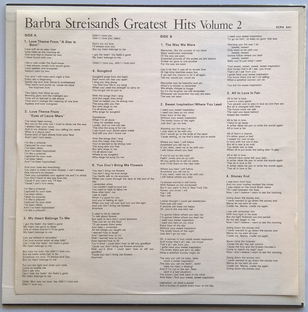 Barbra Streisand - Barbra Streisand's Greatest Hits - Volume 2 (Vinyl, LP, Compilation, Club Edition) Very Good (VG) / Very Good (VG)