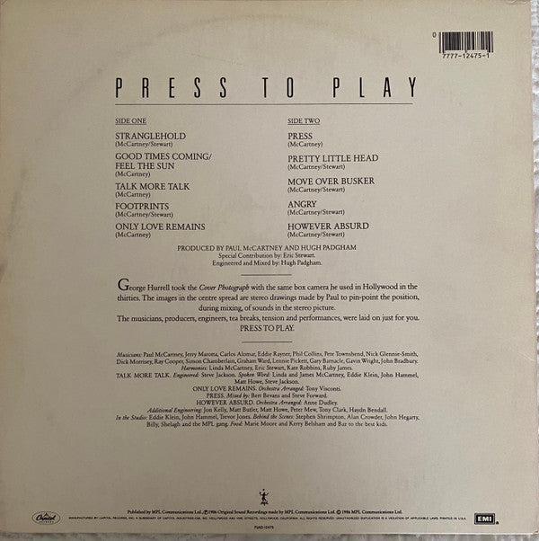 Paul McCartney - Press To Play (Vinyl, LP, Album, Stereo) Very Good (VG) / Very Good Plus (VG+)
