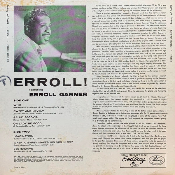 Erroll Garner - Erroll (Vinyl, LP, Album, Repress, Mono) Very Good Plus (VG+) / Very Good (VG)