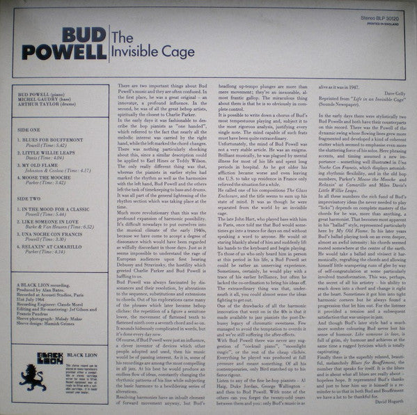 Bud Powell - The Invisible Cage (Vinyl, LP, Album, Reissue, Remastered, Stereo) Very Good (VG) / Very Good (VG)