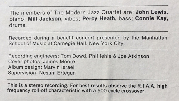 The Modern Jazz Quartet - Blues At Carnegie Hall (Vinyl, LP, Album, Reissue, Stereo) Near Mint (NM or M-) / Very Good Plus (VG+)