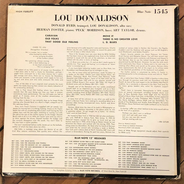 Lou Donaldson Quintet - Wailing With Lou (Vinyl, LP, Album, Mono) Very Good Plus (VG+) / Fair (F)
