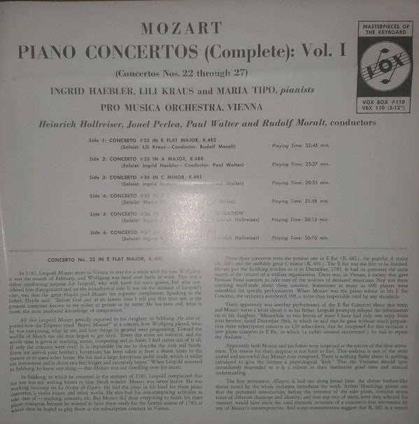 Wolfgang Amadeus Mozart - Concertos For Piano & Orchestra (Complete): Vol. 1 (Concerto Nos. 22 Through 27) (3xVinyl, Box Set, LP, Compilation, Mono) Very Good (VG) / Very Good (VG)