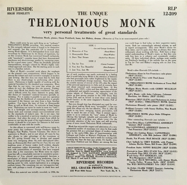 Thelonious Monk - The Unique Thelonious Monk (Vinyl, LP, Album, Reissue, Mono) Very Good Plus (VG+) / Very Good Plus (VG+)