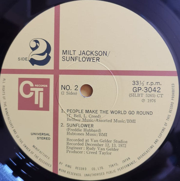 Milt Jackson - Sunflower (Vinyl, LP, Album, Reissue) Very Good Plus (VG+) / Good Plus (G+)