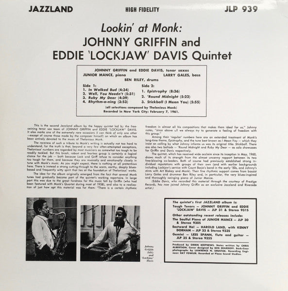The Eddie Davis-Johnny Griffin Quintet - Lookin' At Monk (Vinyl, LP, Album, Stereo) Very Good Plus (VG+) / Very Good (VG)