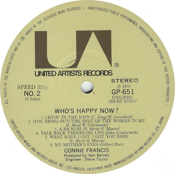 Connie Francis - Who's Happy Now? (Vinyl, LP, Album, Stereo) Very Good Plus (VG+) / Very Good (VG)