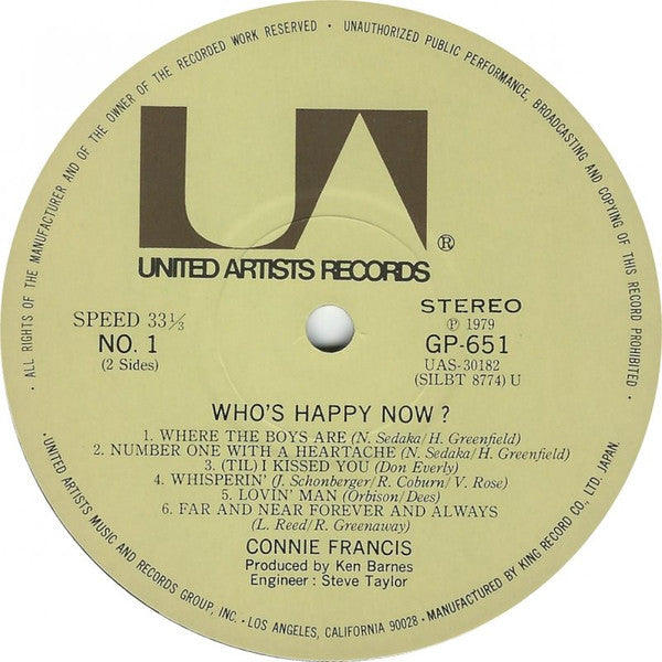 Connie Francis - Who's Happy Now? (Vinyl, LP, Album, Stereo) Very Good Plus (VG+) / Very Good (VG)