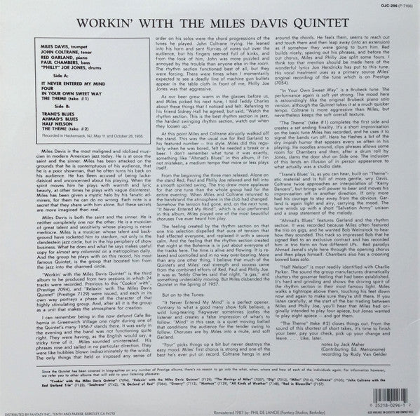 The Miles Davis Quintet - Workin' With The Miles Davis Quintet (Vinyl, LP, Album, Remastered, Reissue) Very Good Plus (VG+) / Very Good Plus (VG+)