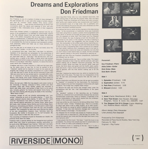 Don Friedman Quartet - Dreams And Explorations (Vinyl, LP, Album, Reissue, Mono) Very Good (VG) / Very Good (VG)