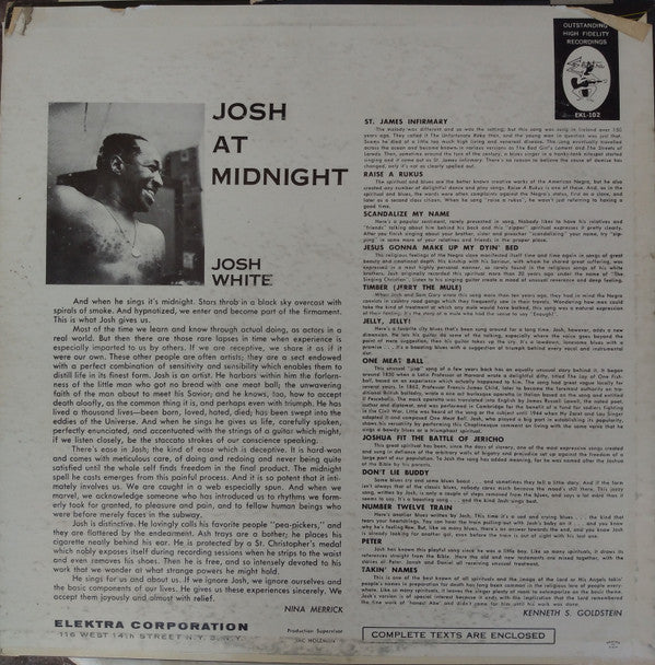 Josh White - Josh At Midnight (Vinyl, LP, Album, Reissue, Mono) Good Plus (G+) / Very Good (VG)