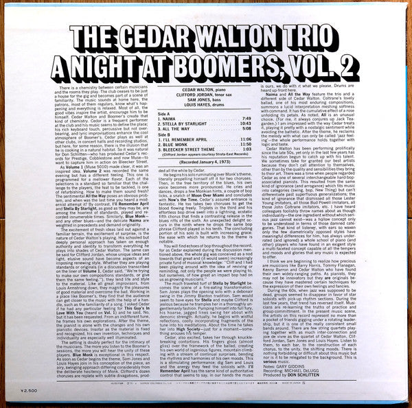 Cedar Walton Trio - A Night At Boomers, Vol. 2 (Vinyl, LP, Album) Very Good Plus (VG+) / Very Good (VG)