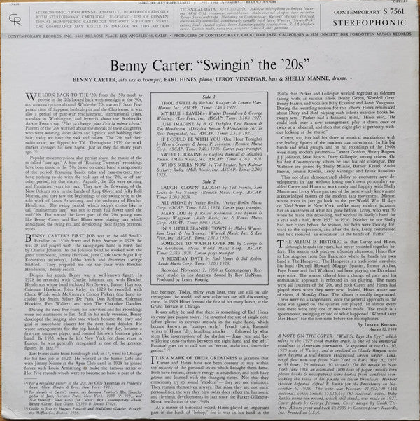 The Benny Carter Quartet - Swingin' The '20s (Vinyl, LP, Album, Stereo) Very Good Plus (VG+) / Very Good (VG)
