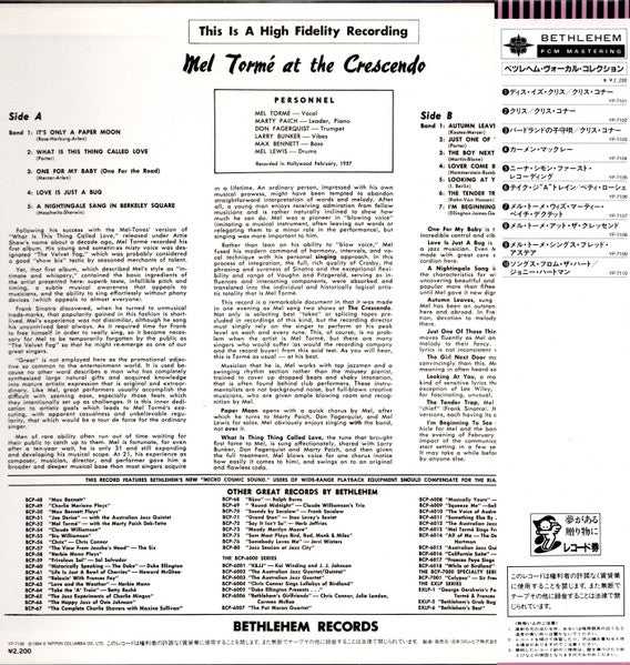 Mel Tormé - Gene Norman Presents Mel Tormé At The Crescendo (Vinyl, LP, Album, Reissue, Mono) Very Good (VG) / Very Good (VG)