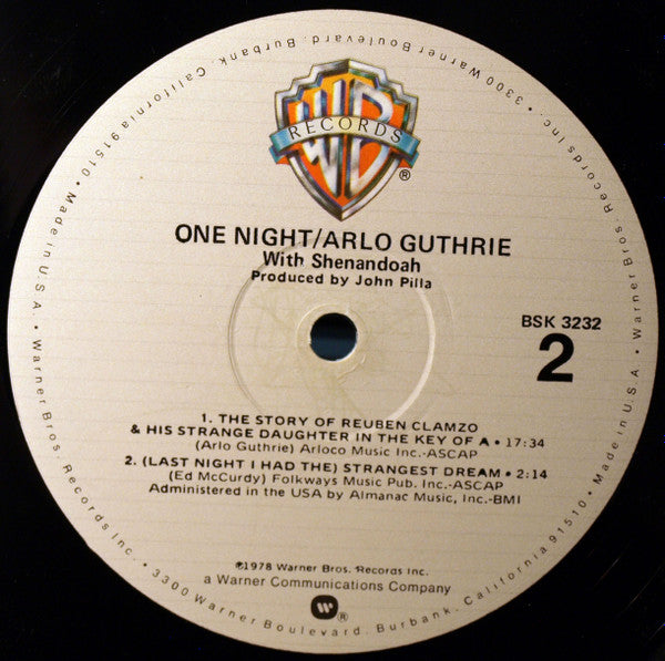 Arlo Guthrie - One Night (Vinyl, LP, Album) Very Good Plus (VG+) / Very Good (VG)