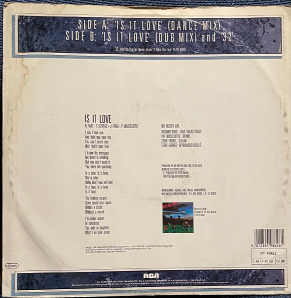 Mr. Mister - Is It Love (Vinyl, 12", 45 RPM, Maxi-Single) Very Good (VG) / Very Good Plus (VG+)