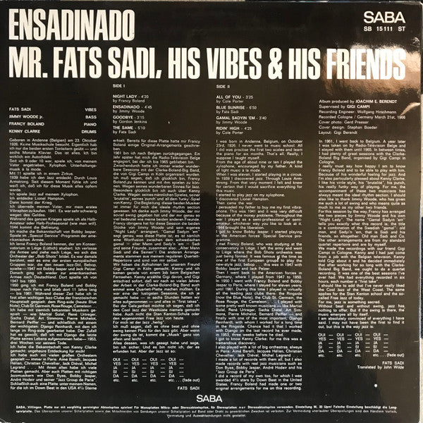 Mr. Fats Sadi, His Vibes & His Friends - Ensadinado (Vinyl, LP, Album) Very Good (VG) / Good Plus (G+)