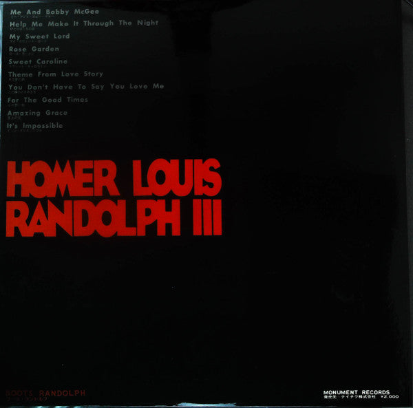 Boots Randolph - Homer Louis Randolph, III (Vinyl, LP, Album, Stereo) Very Good Plus (VG+) / Very Good Plus (VG+)
