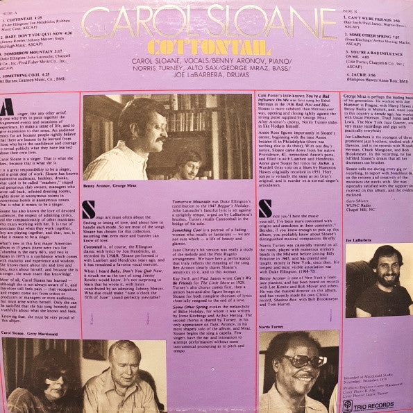 Carol Sloane - Cottontail (Vinyl, LP, Album, Promo, Stereo) Very Good Plus (VG+) / Very Good Plus (VG+)