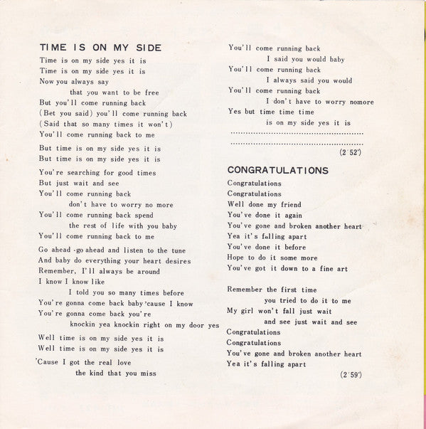 The Rolling Stones - Time Is On My Side / Congratulations (Vinyl, 7", 45 RPM, Single) Very Good (VG) / Very Good (VG)