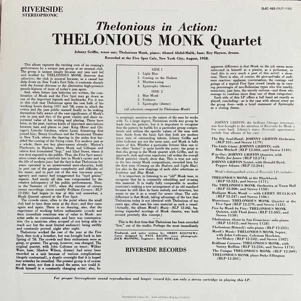 The Thelonious Monk Quartet - Thelonious In Action (Vinyl, LP, Album, Stereo, Reissue) Very Good Plus (VG+) / Very Good (VG)