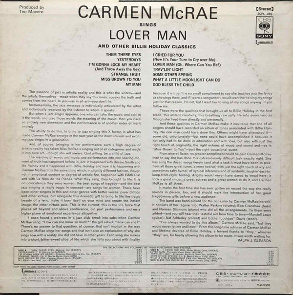 Carmen McRae - Sings Lover Man And Other Billie Holiday Classics (Vinyl, LP, Album, Reissue, Stereo) Near Mint (NM or M-) / Very Good Plus (VG+)