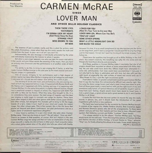 Carmen McRae - Sings Lover Man And Other Billie Holiday Classics (Vinyl, LP, Album, Reissue, Stereo) Very Good Plus (VG+) / Very Good Plus (VG+)