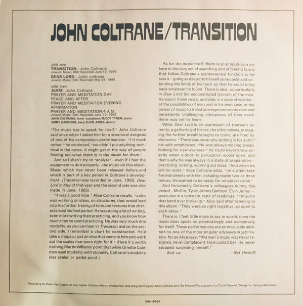 John Coltrane - Transition (Vinyl, LP, Album, Promo, Reissue) Near Mint (NM or M-) / Good Plus (G+)