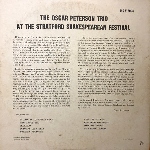 The Oscar Peterson Trio - At The Stratford Shakespearean Festival (Vinyl, LP, Album, Mono) Good Plus (G+) / Good (G)