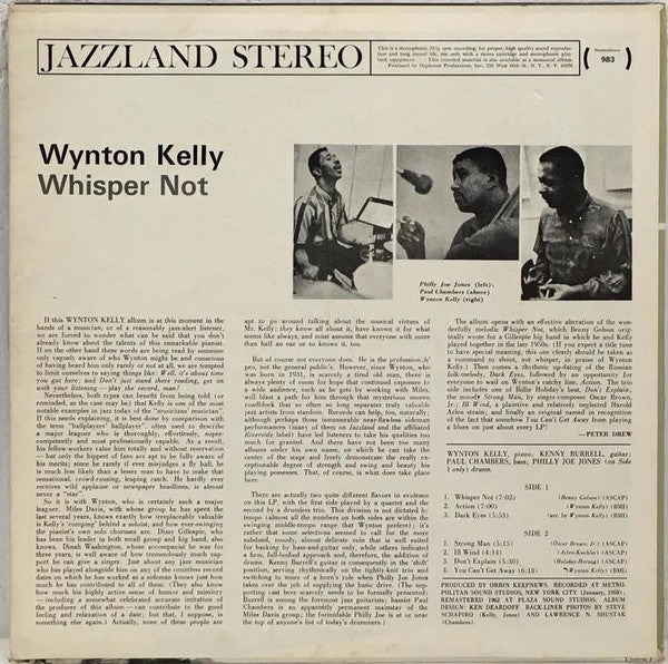 Wynton Kelly - Whisper Not (Vinyl, LP, Album, Reissue, Remastered, Stereo) Very Good (VG) / Very Good Plus (VG+)