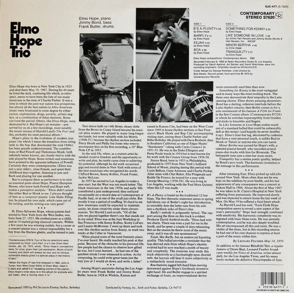 Elmo Hope Trio - With Jimmy Bond & Frank Butler (Vinyl, LP, Album, Reissue, Remastered) Very Good Plus (VG+) / Very Good (VG)