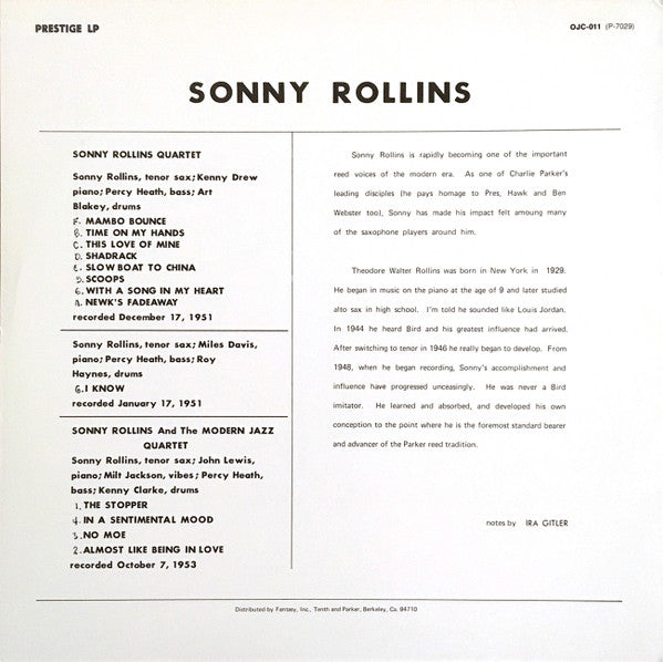 Sonny Rollins - Sonny Rollins With The Modern Jazz Quartet (Vinyl, LP, Compilation, Reissue, Mono) Very Good Plus (VG+) / Very Good (VG)