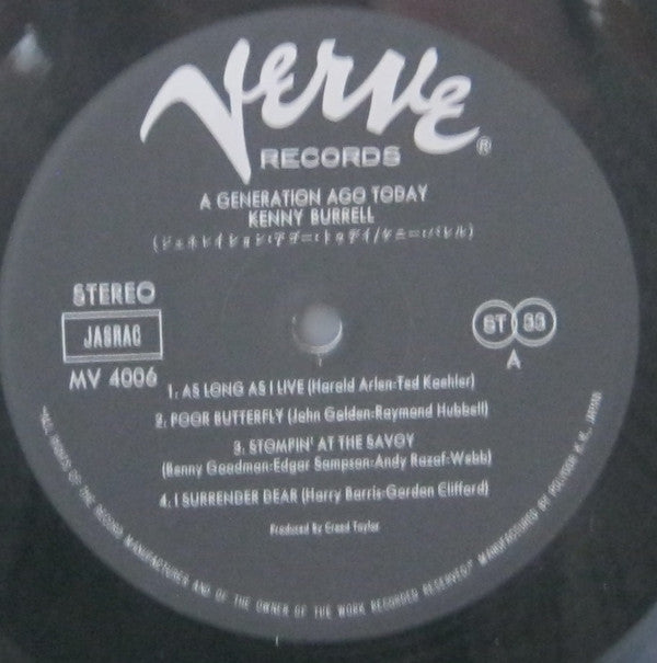 Kenny Burrell - A Generation Ago Today (Vinyl, LP, Album, Reissue, Stereo) Very Good (VG) / Very Good (VG)