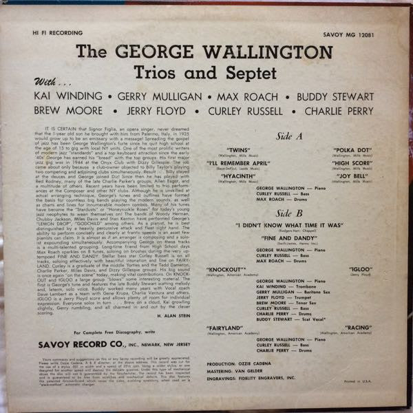 George Wallington Trio - The George Wallington Trio (Vinyl, LP, Album, Mono) Very Good (VG) / Very Good Plus (VG+)