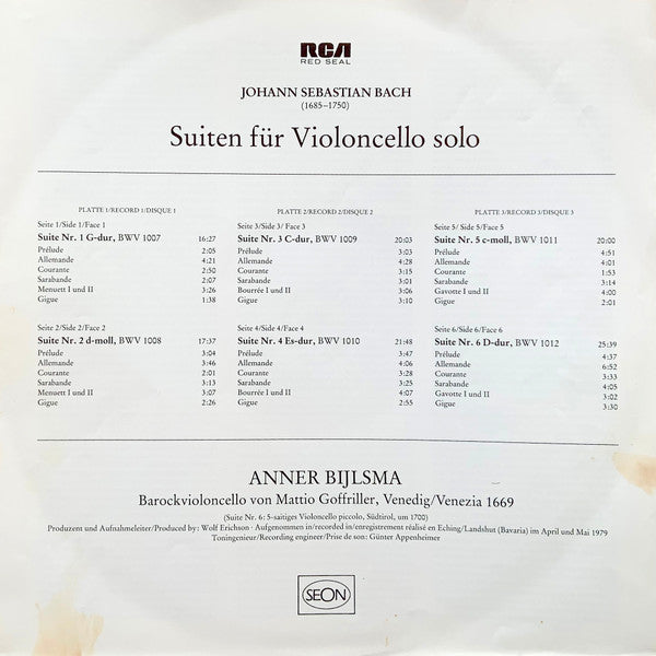 Johann Sebastian Bach - 6 Suites A Violoncello Solo Senza Basso (3xVinyl, Box Set, LP) Very Good (VG) / Very Good Plus (VG+)