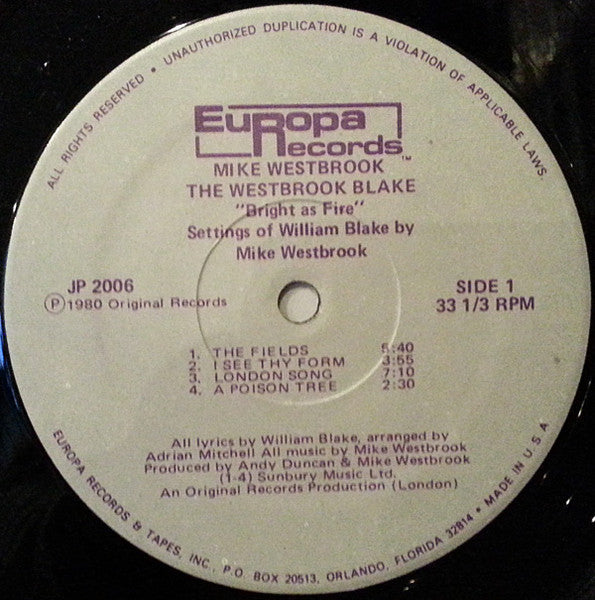 Mike Westbrook - The Westbrook Blake (Bright As Fire) (Vinyl, LP, Album) Very Good (VG) / Very Good (VG)