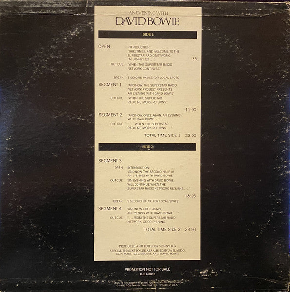 David Bowie - An Evening With David Bowie (Vinyl, LP, Partially Mixed, Promo, Stereo) Very Good Plus (VG+) / Good Plus (G+)