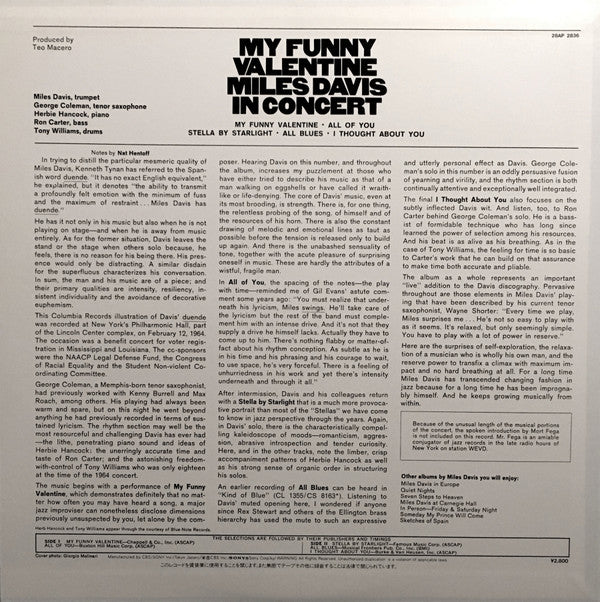 Miles Davis - My Funny Valentine - Miles Davis In Concert (Vinyl, LP, Album, Reissue, Stereo) Near Mint (NM or M-) / Very Good Plus (VG+)