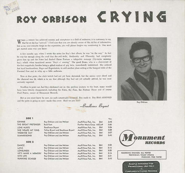 Roy Orbison - Crying (Vinyl, LP, Album, Reissue, Remastered, Stereo) Near Mint (NM or M-) / Near Mint (NM or M-)