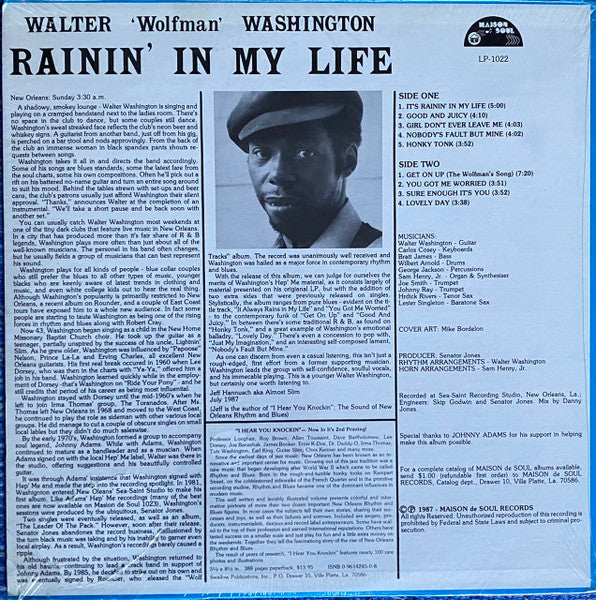 Walter "Wolfman" Washington - Rainin' In My Life (Vinyl, LP, Album, Reissue) Very Good Plus (VG+) / Very Good (VG)
